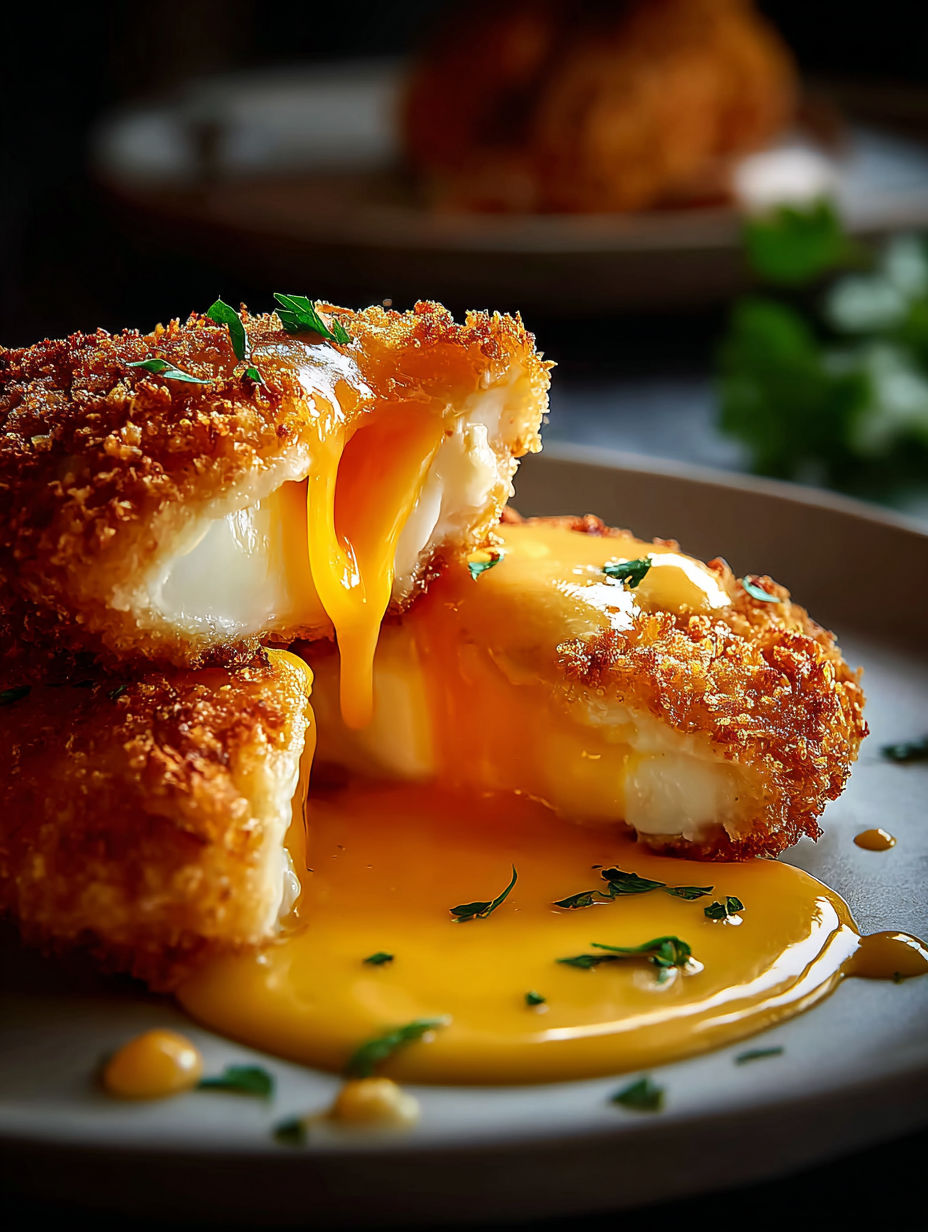 A piece of crispy cheddar chicken with egg yolk.