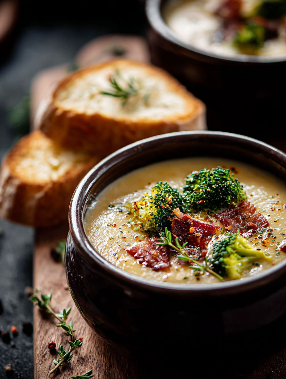 A bowl of cheddar broccoli soup with a piece of bread on the side.