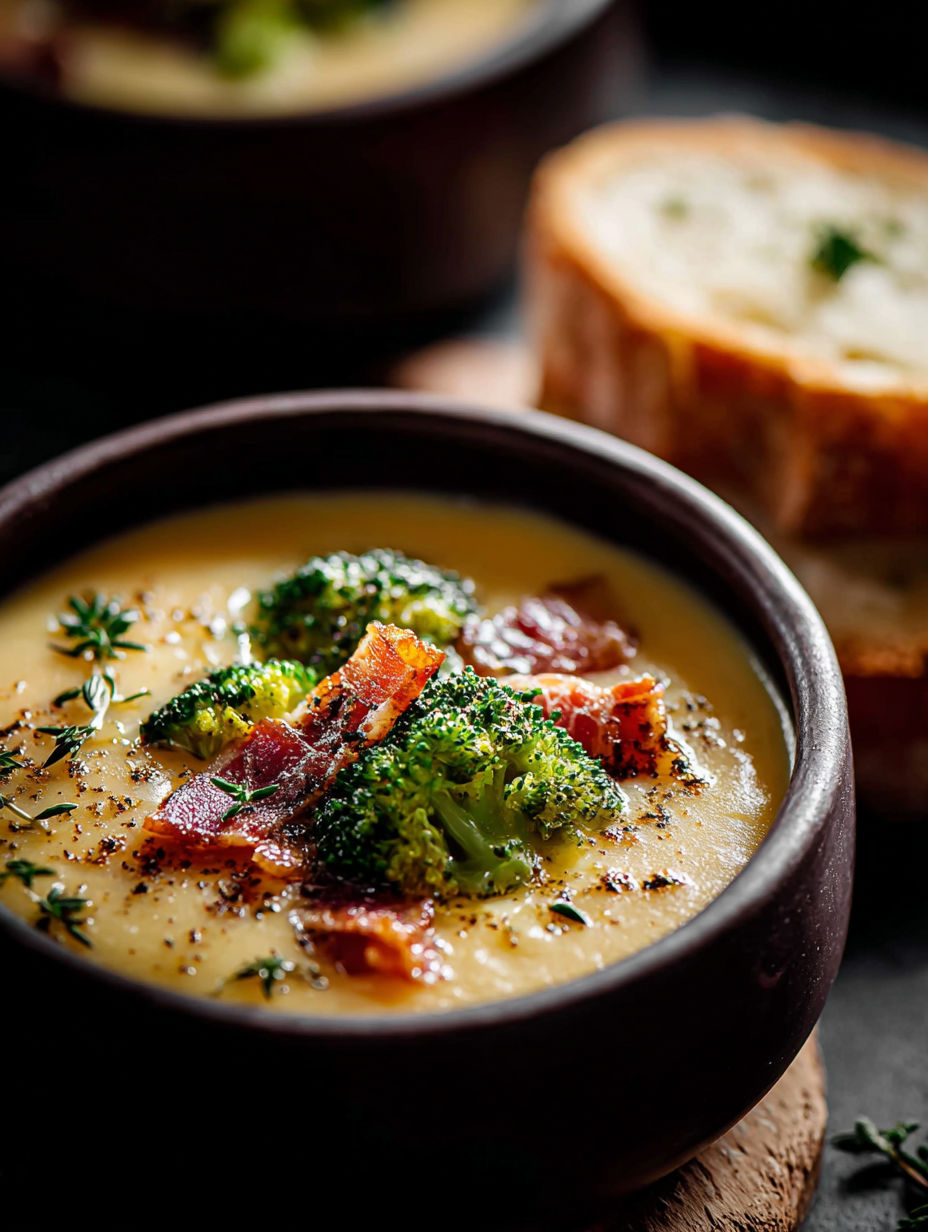 A bowl of cheddar broccoli soup with a slice of bread on the side.