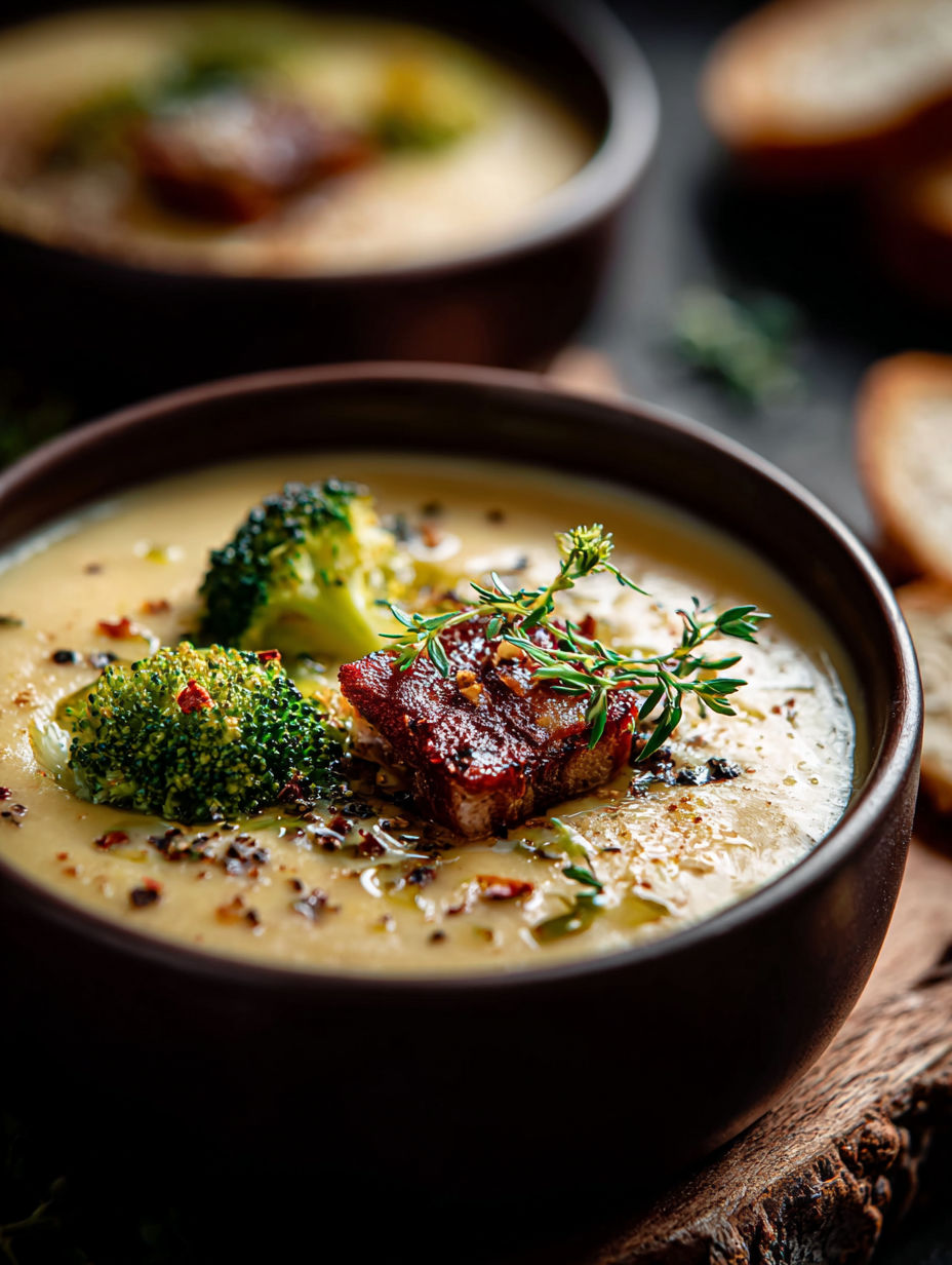A bowl of cheddar broccoli soup with a sprig of thyme on top.