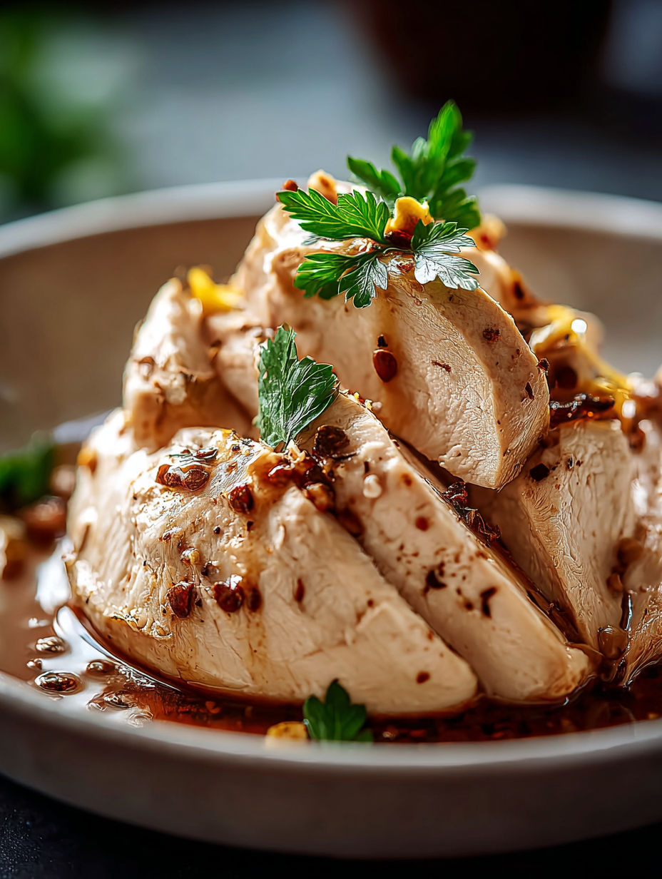 A bowl of chicken with herbs and spices.