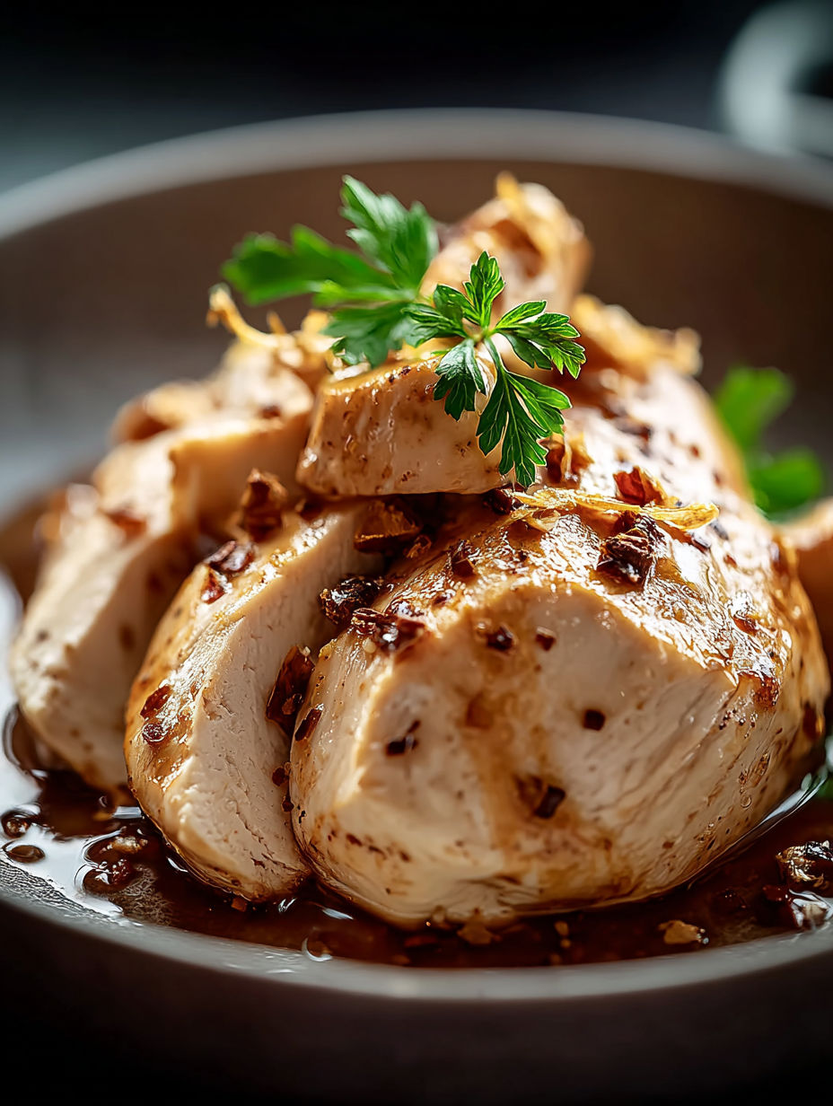 A plate of chicken with a green garnish.
