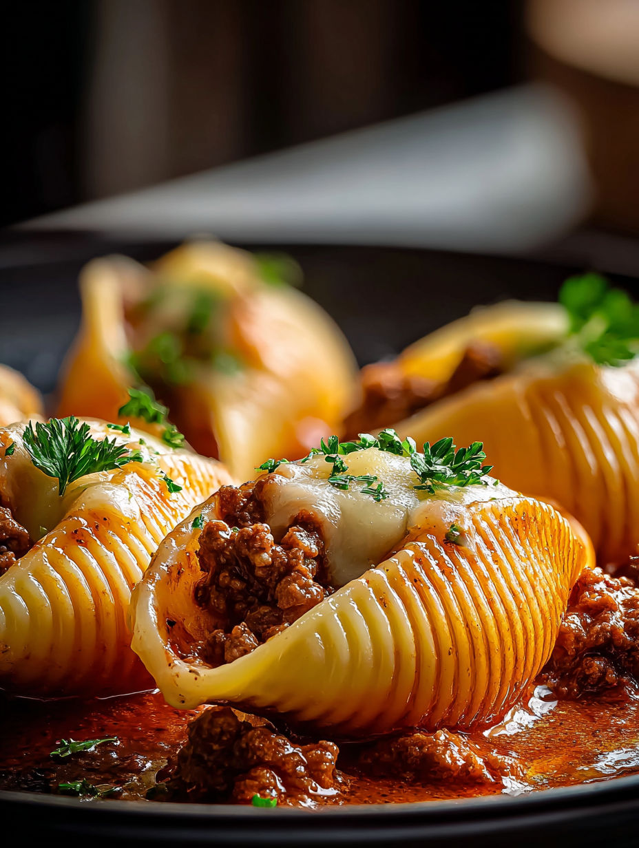 Stuffed pasta shells with ground beef.
