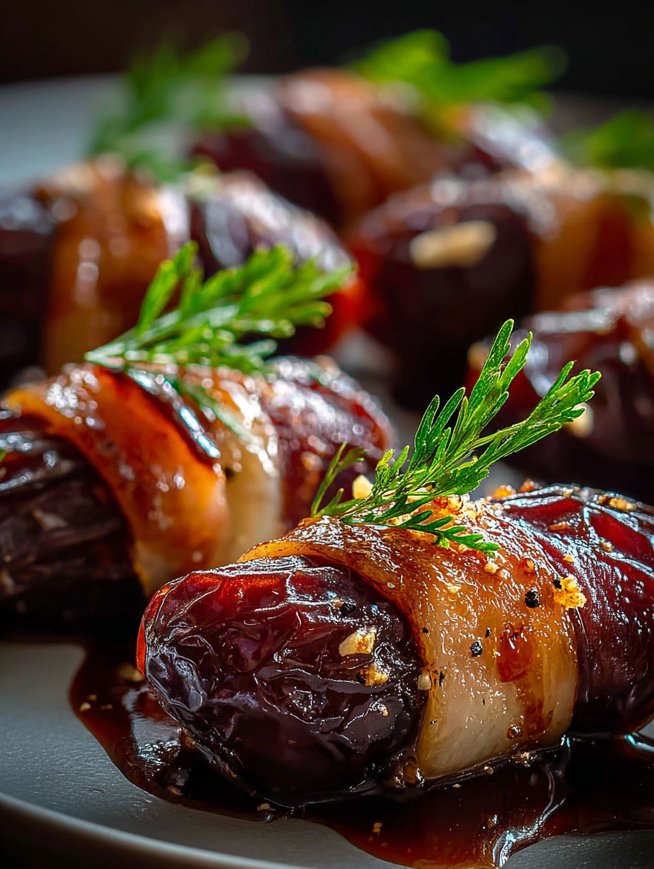 Beef-wrapped dates with seasoning.