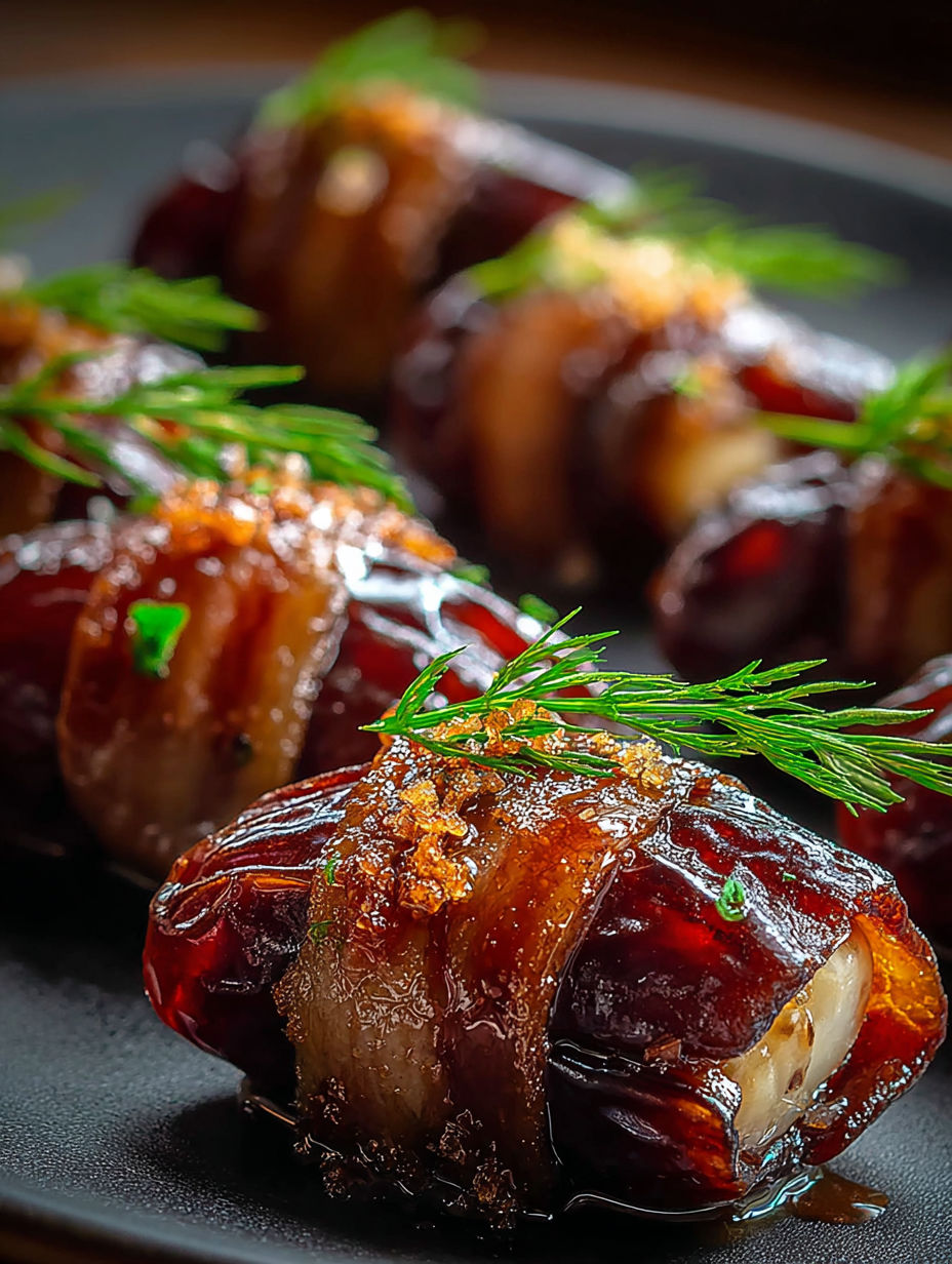 Beef-wrapped dates on a plate.