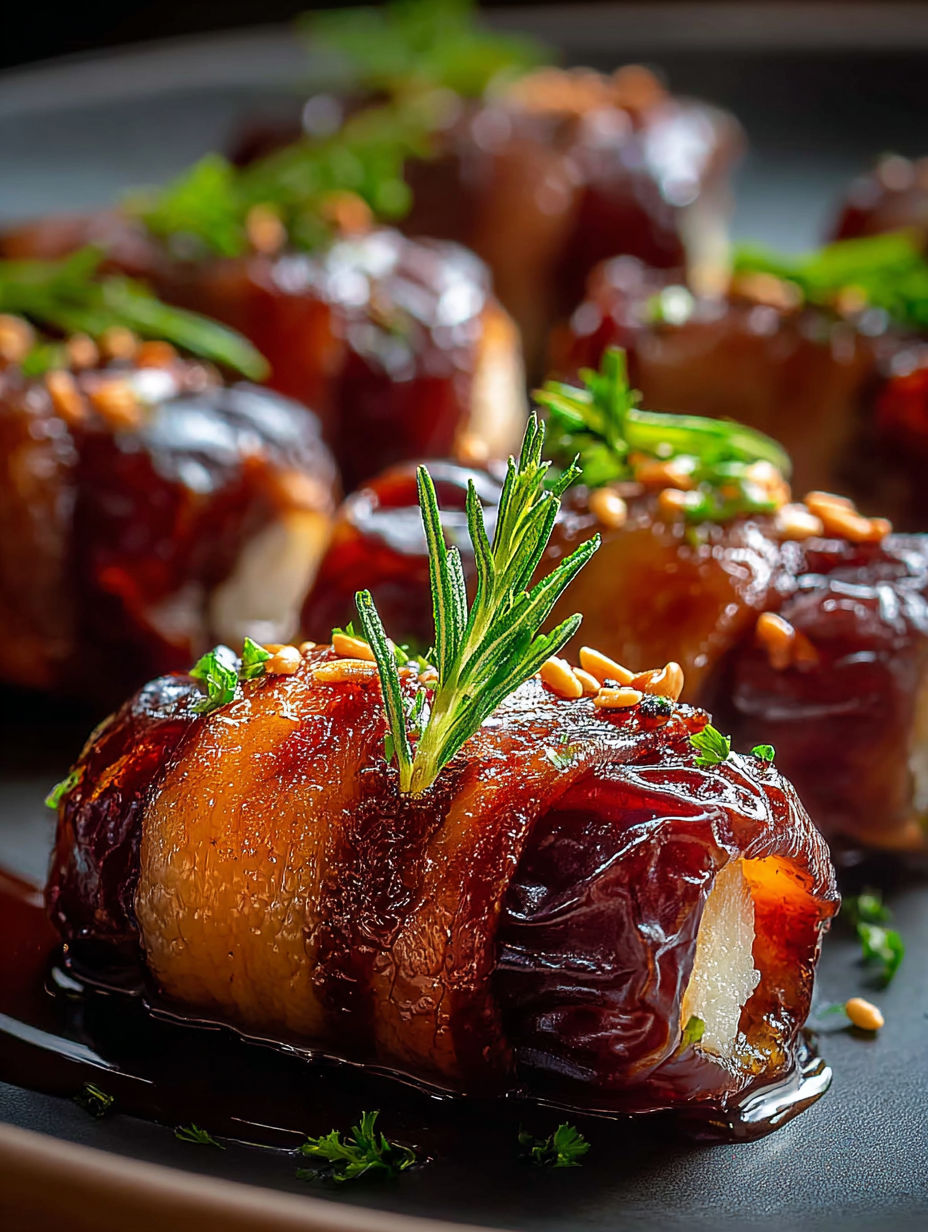 Beef-wrapped dates with a sprig of rosemary.