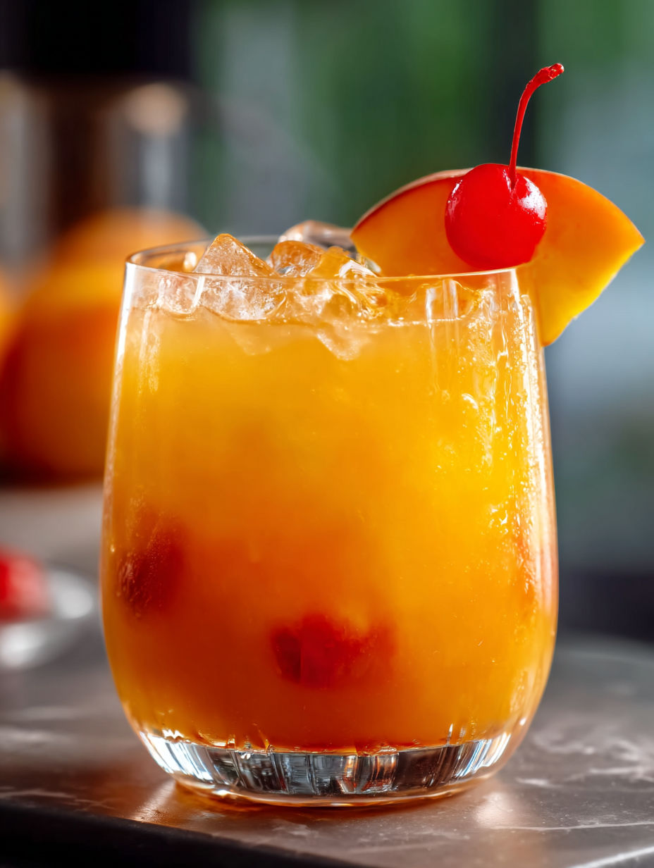 A glass of peach tequila sunrise punch.