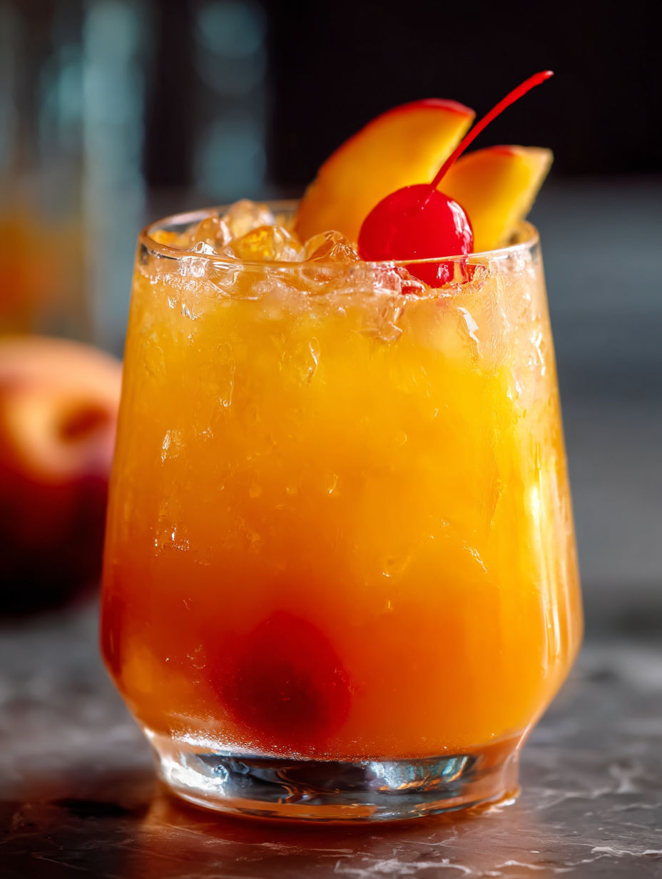 A glass of peach tequila sunrise punch.