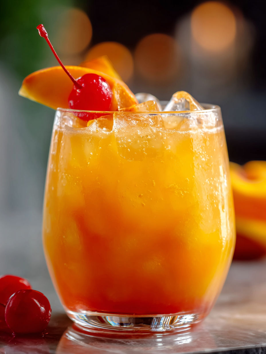 A glass of peach tequila sunrise punch.