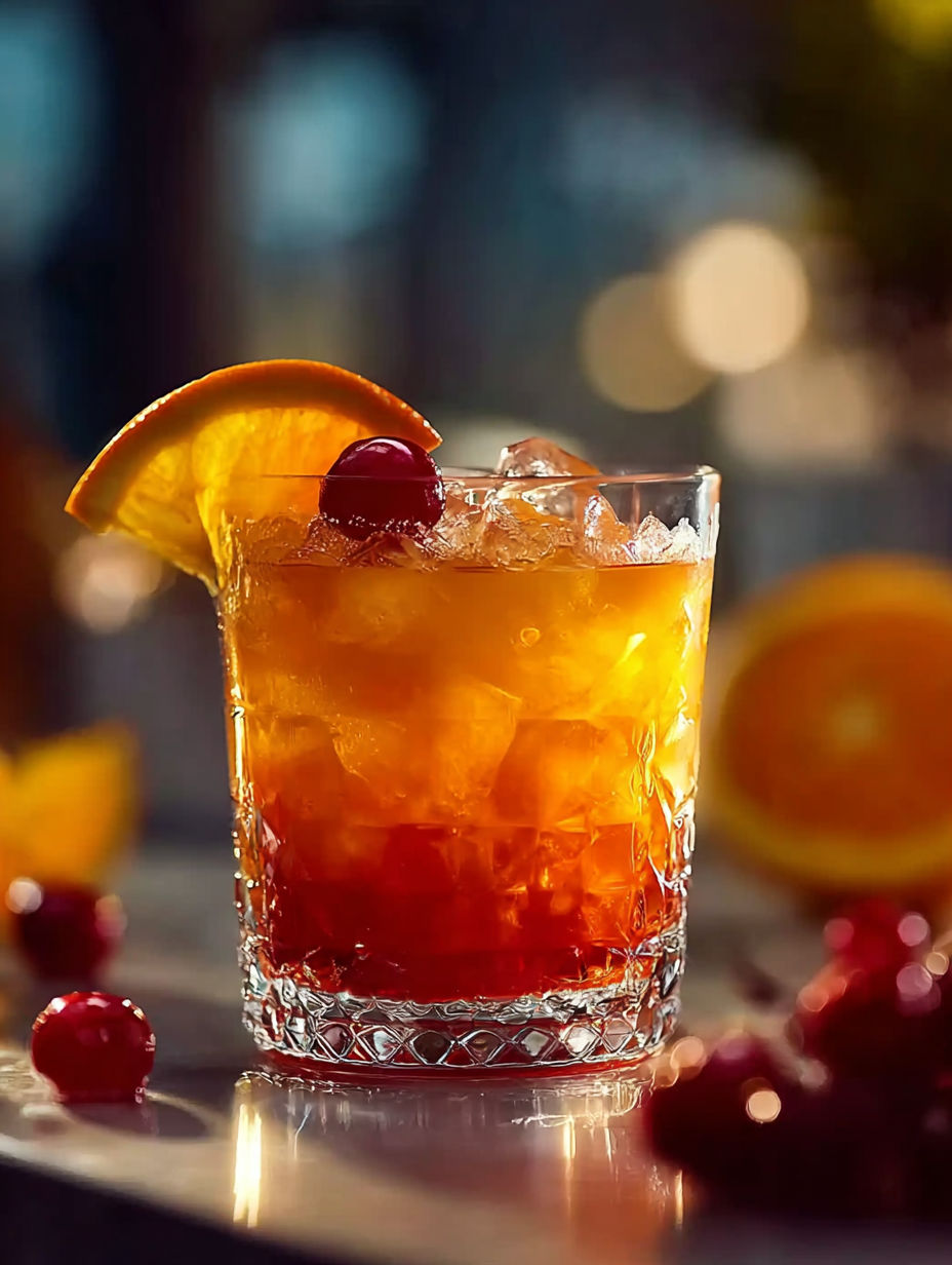 A glass of Tequila Sunset with a cherry on top.