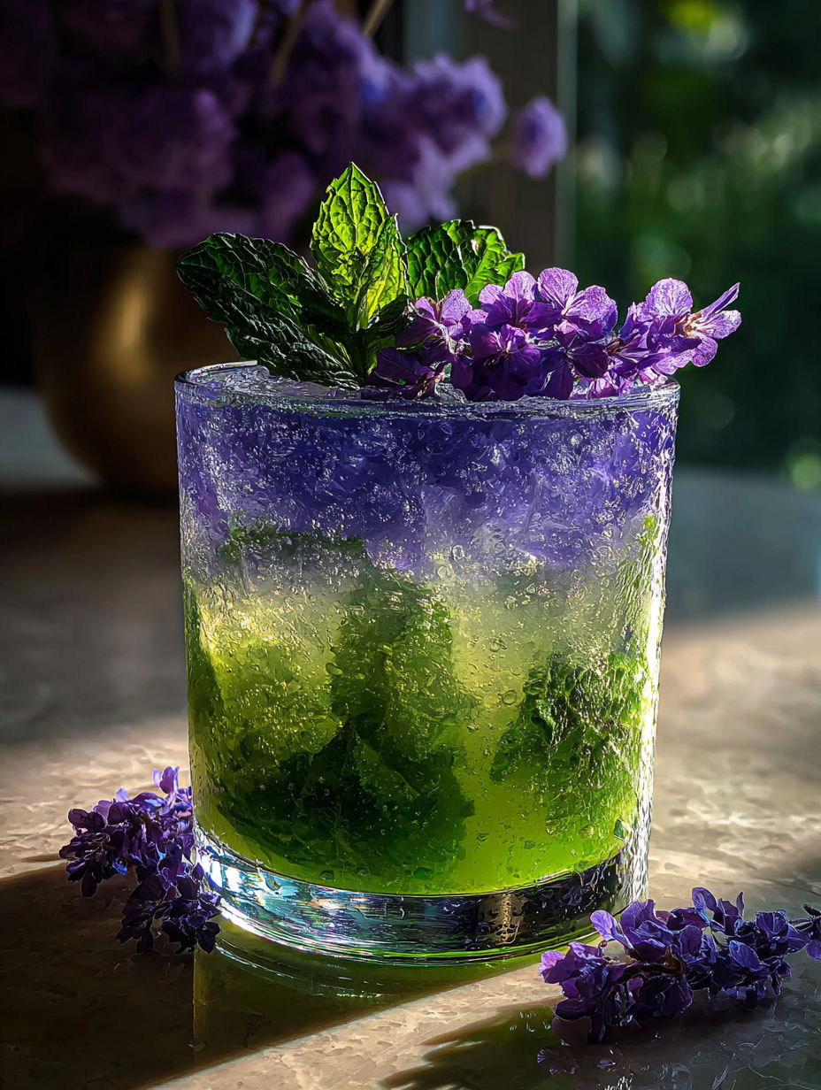 A glass of a virgin lavender mojito.