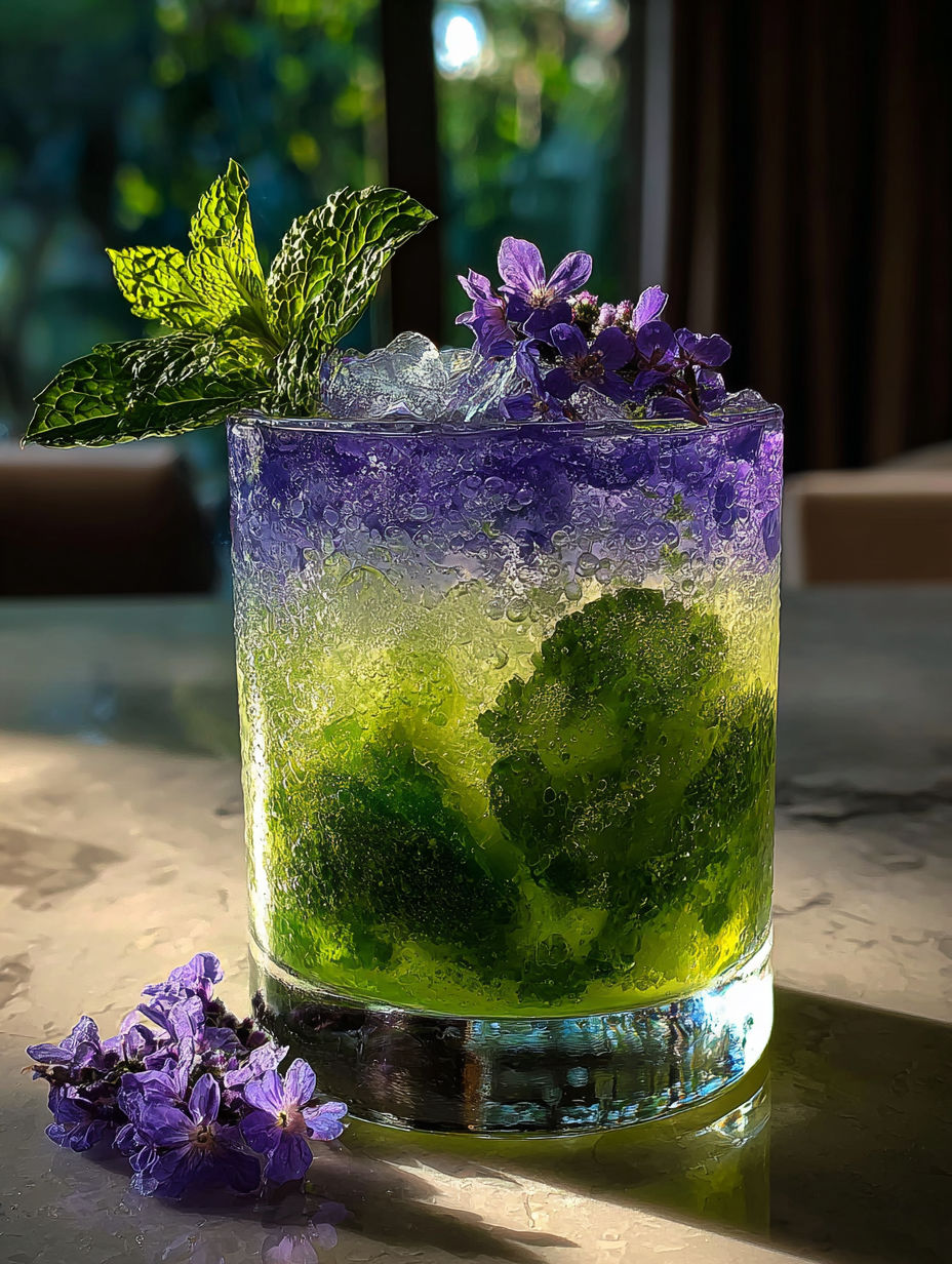 A glass of a virgin lavender mojito.