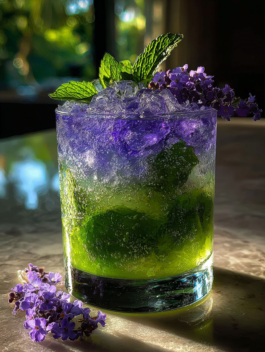 A glass of purple drink with mint leaves.