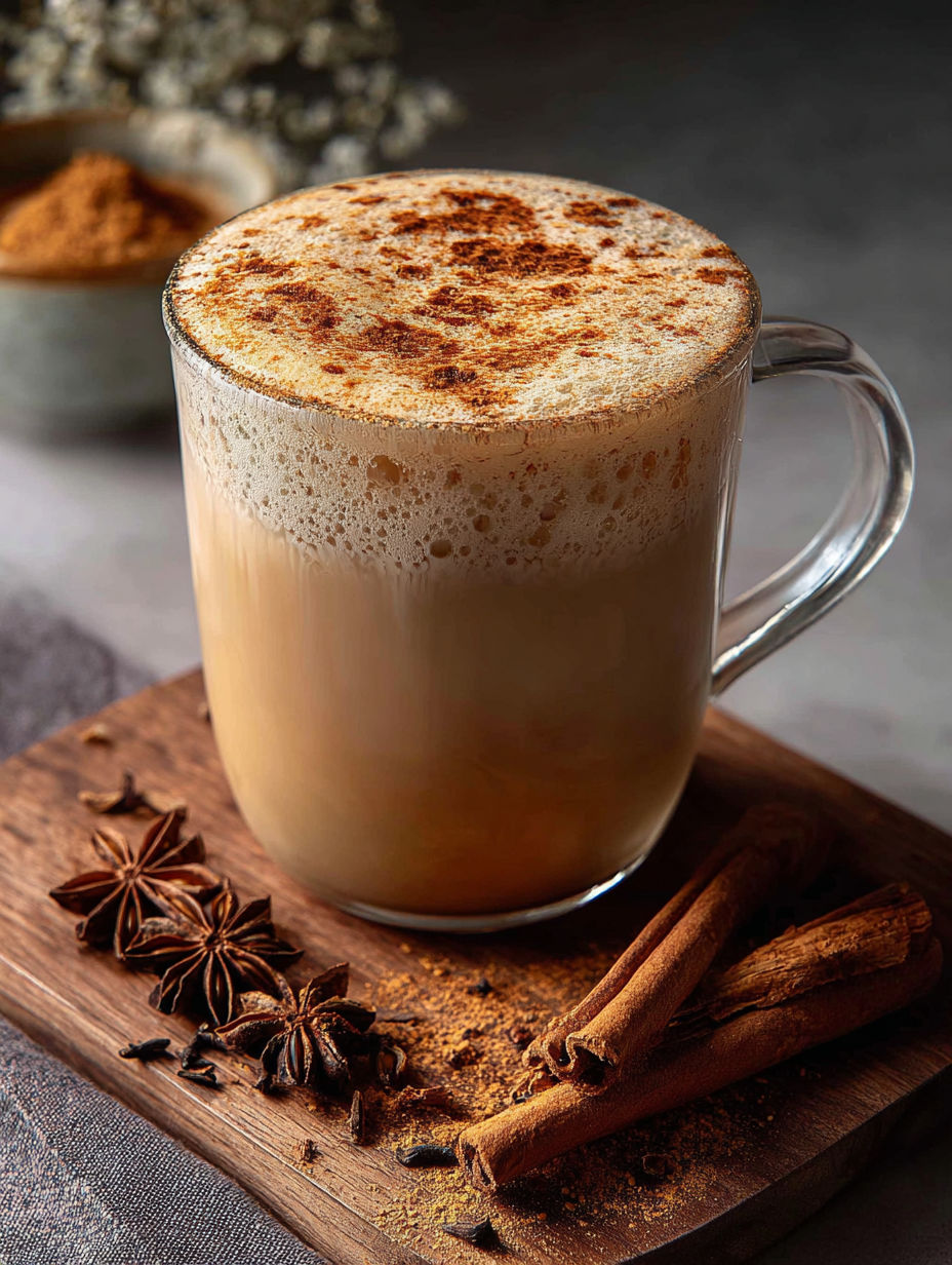 A cup of coffee with a cinnamon stick in it.