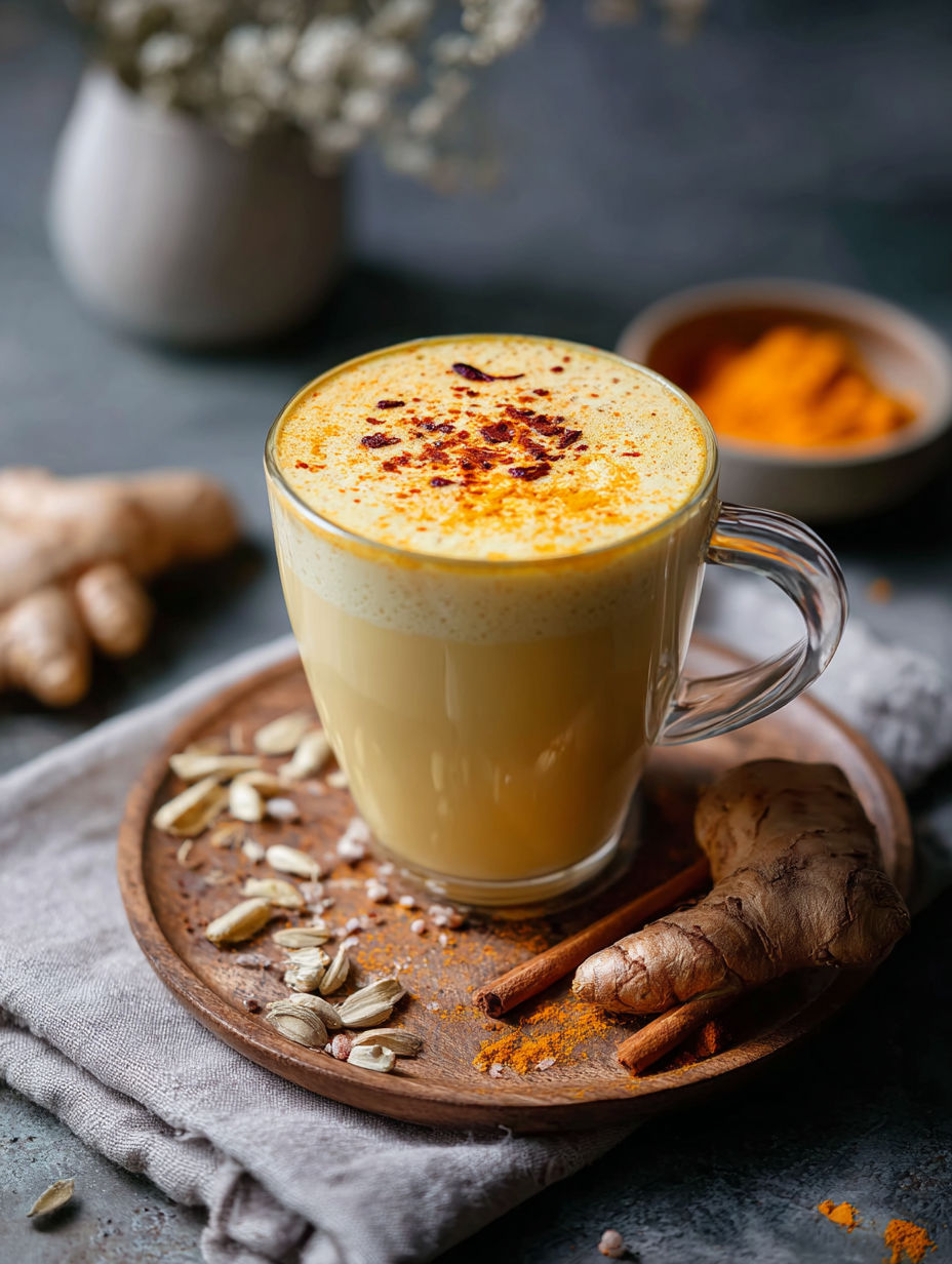 A cup of creamy golden milk with turmeric.