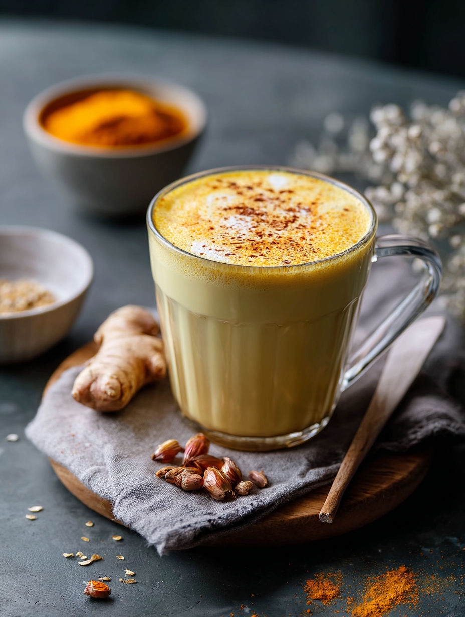 A glass of creamy golden milk with turmeric.