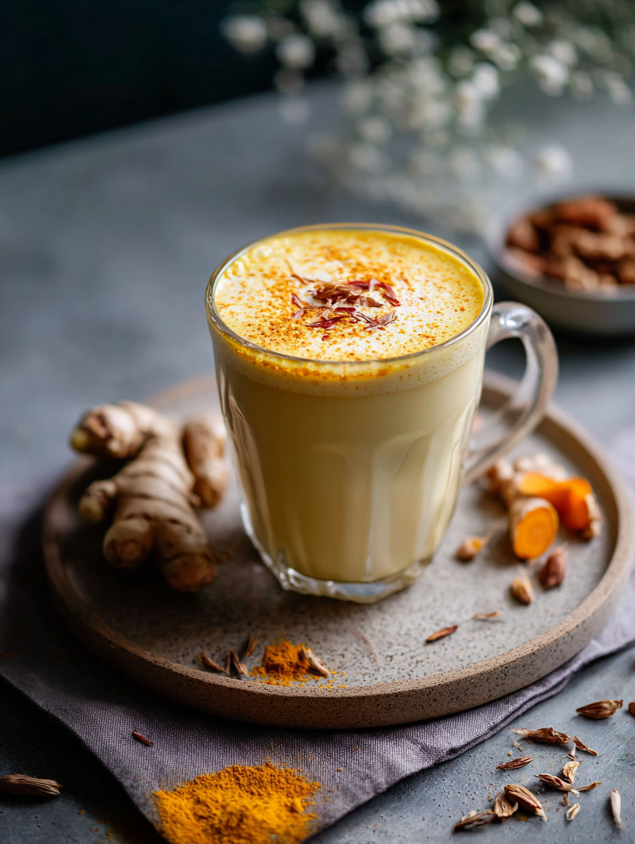 A glass of creamy golden milk with turmeric.