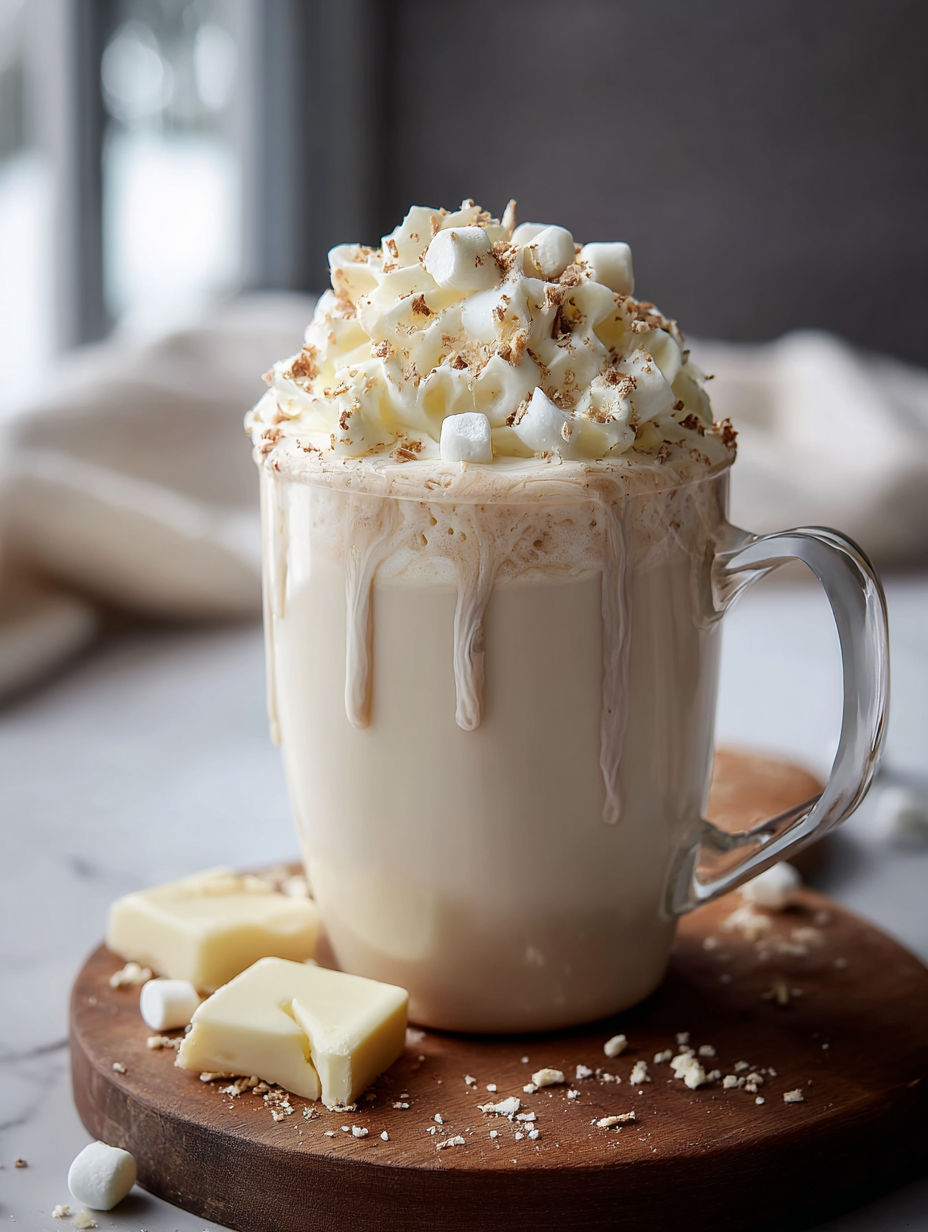 A cup of white hot chocolate with marshmallows.