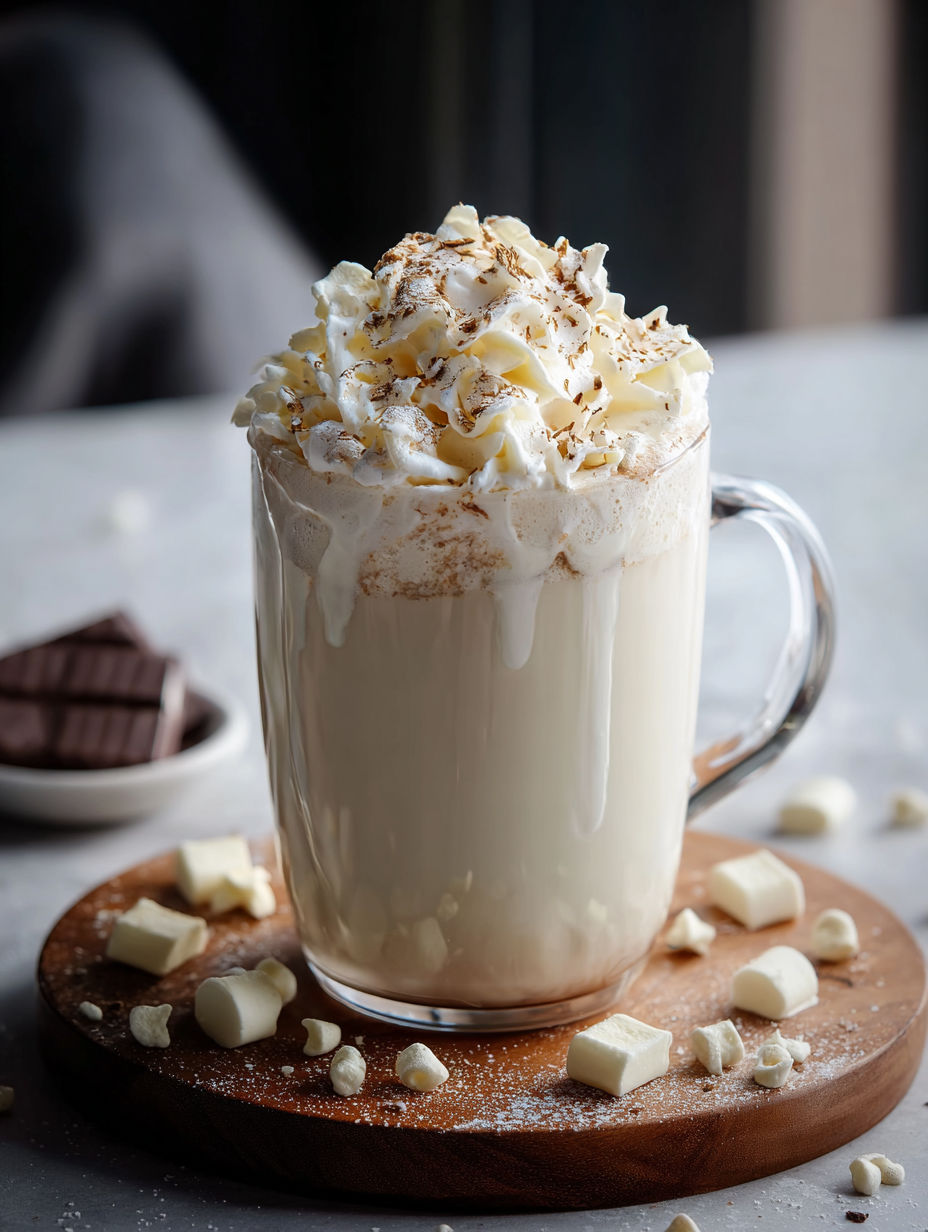 A cup of white hot chocolate with whipped cream on top.