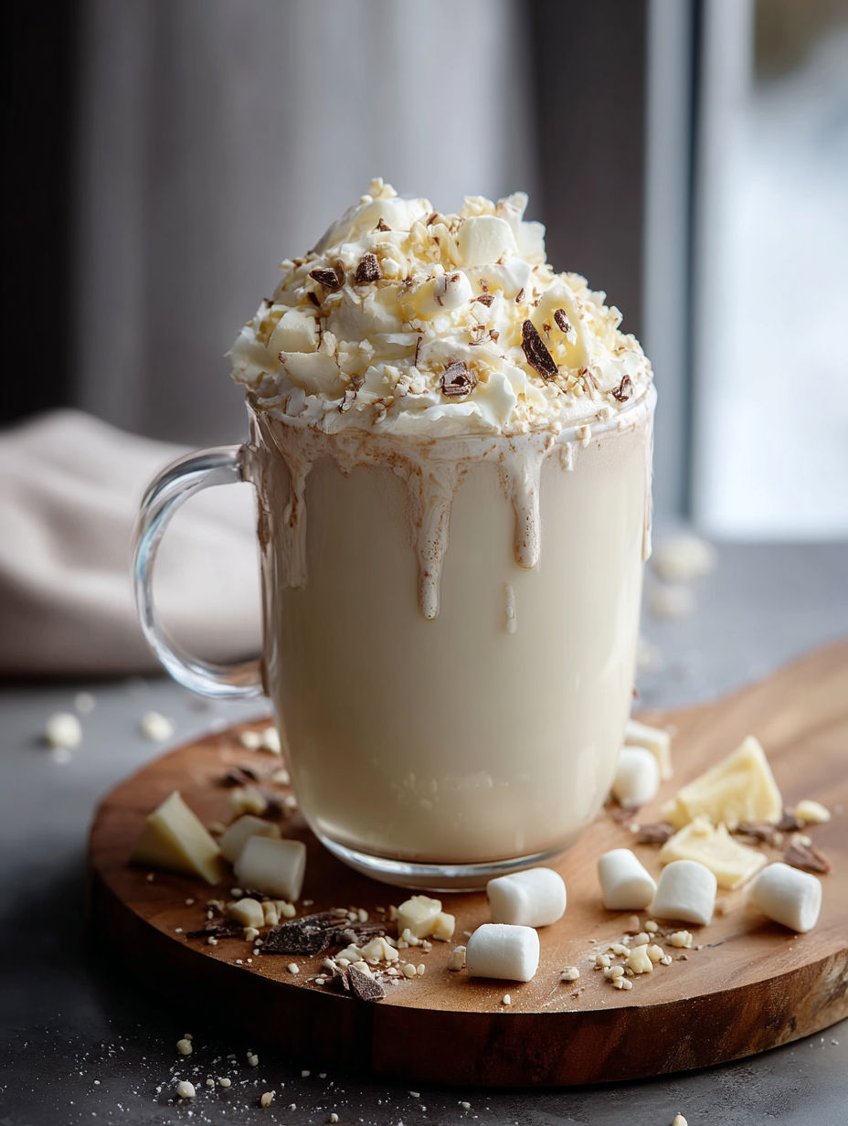 A glass of white hot chocolate with marshmallows on top.