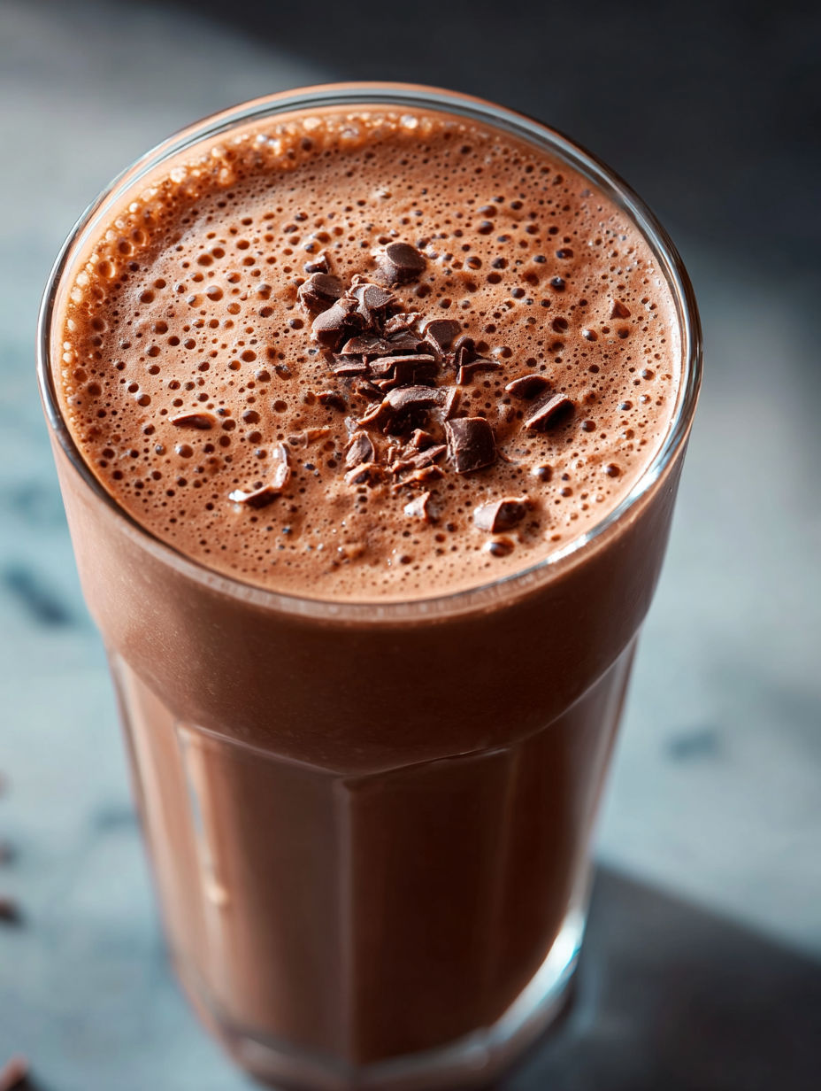 A glass of chocolate protein shake with chocolate chips on top.
