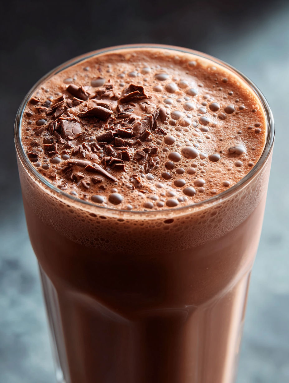 A glass of chocolate protein shake with chocolate chips on top.