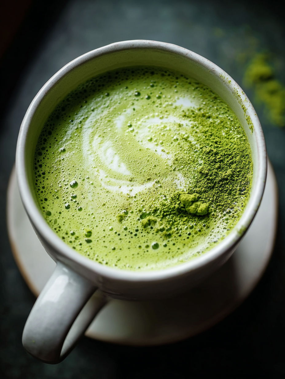 A cup of green tea latte with green tea leaves in it.