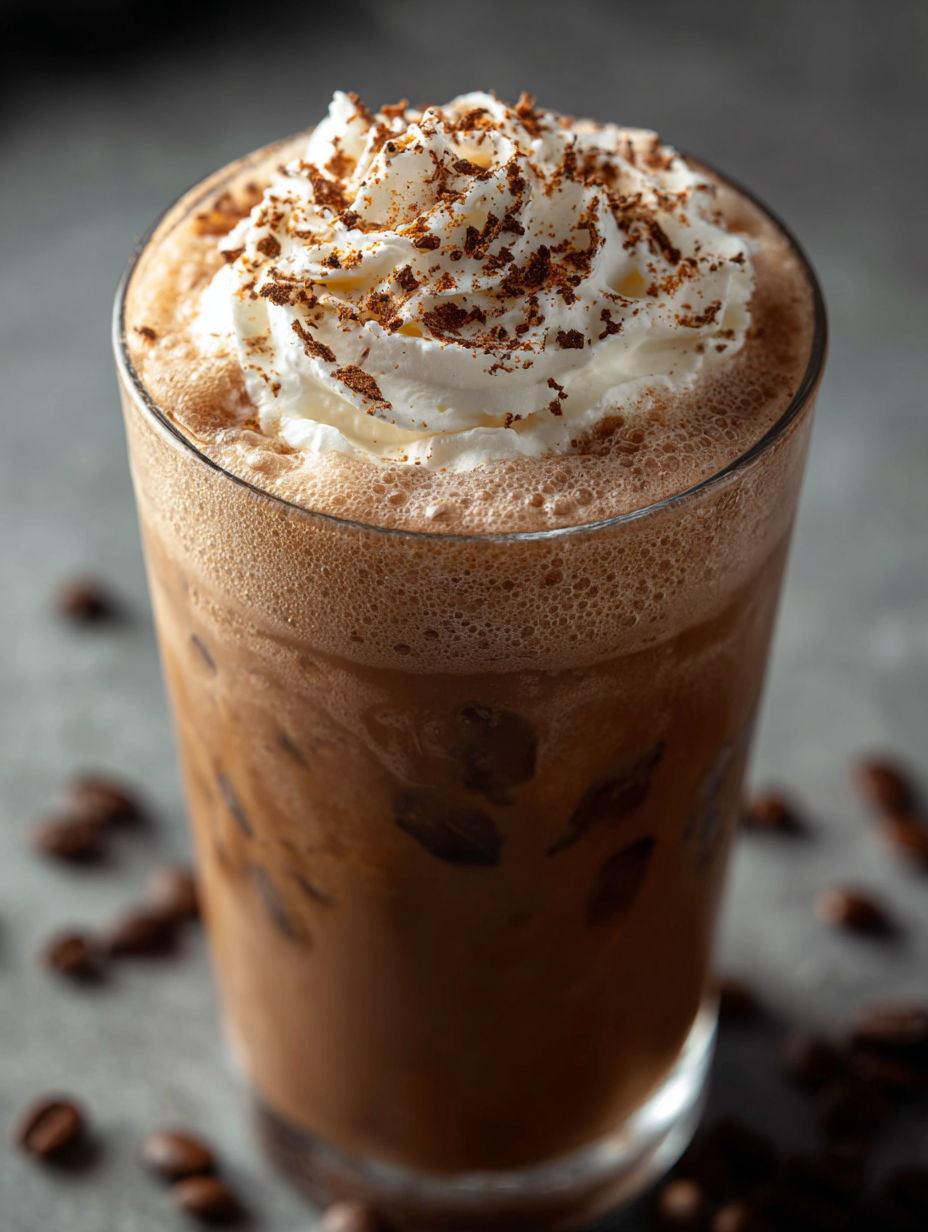 A glass of mocha iced coffee with whipped cream.