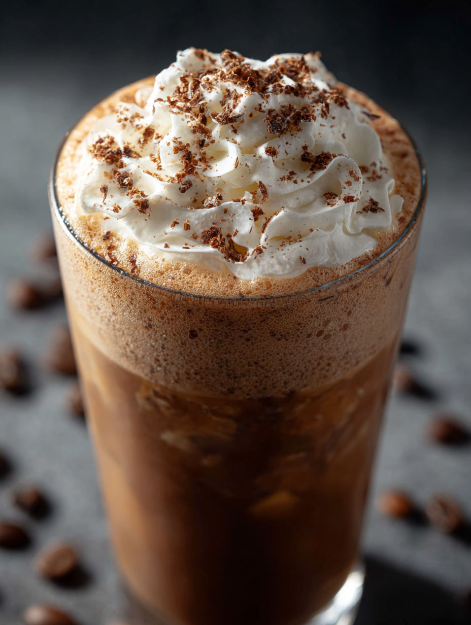 A glass of iced coffee with whipped cream on top.