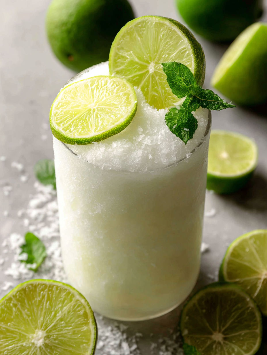 A glass of green tea with limes on top.