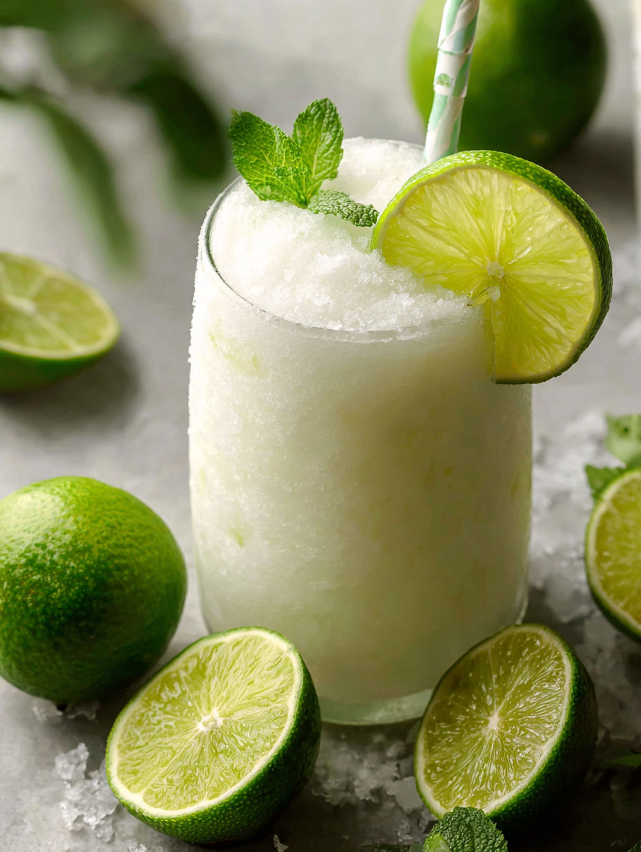 A glass of coconut limeade with a lime wedge on top.