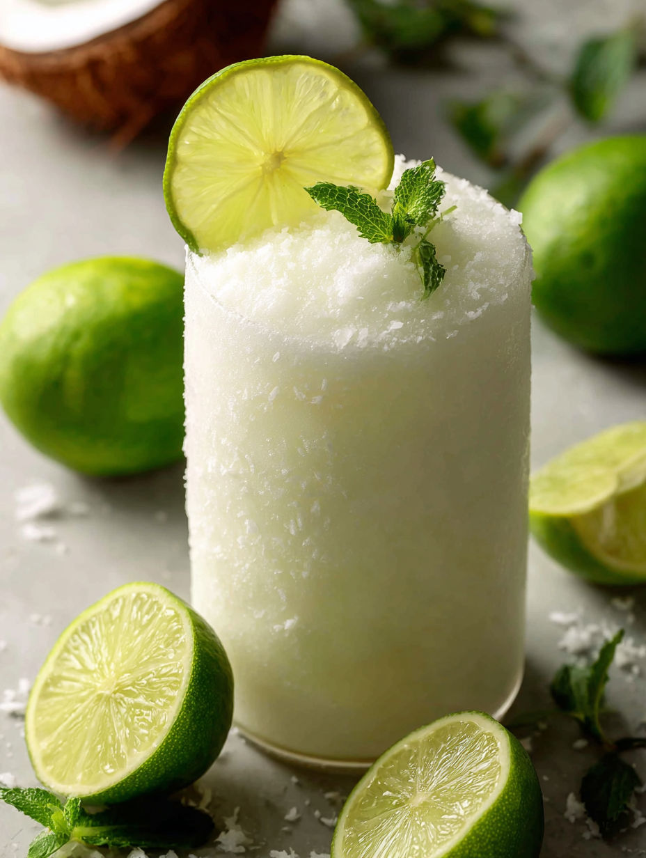 A glass of coconut limeade with lime slices on the side.
