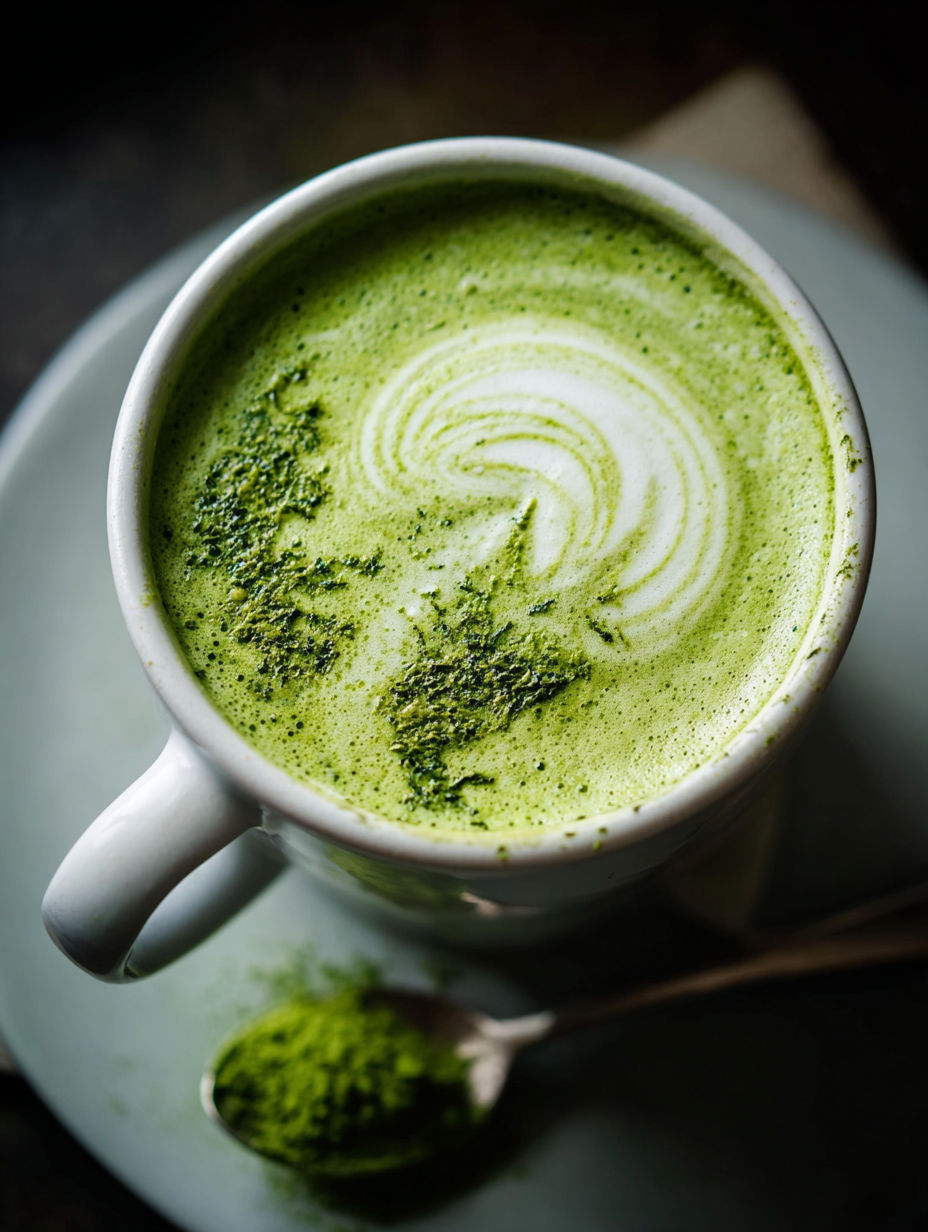 A cup of green tea latte with green tea leaves in it.