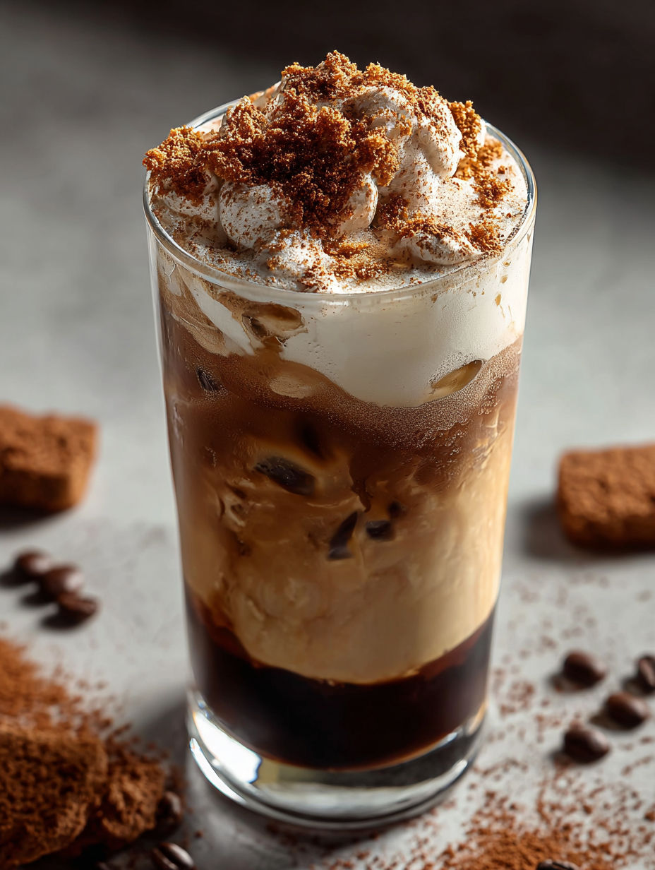 A glass of iced coffee with a sprinkle of cocoa powder on top.