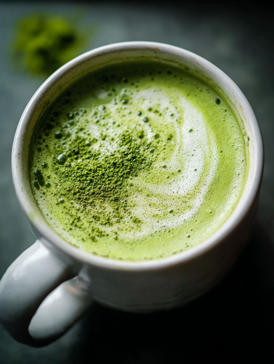 A cup of green tea latte with a green tea leaf in it.