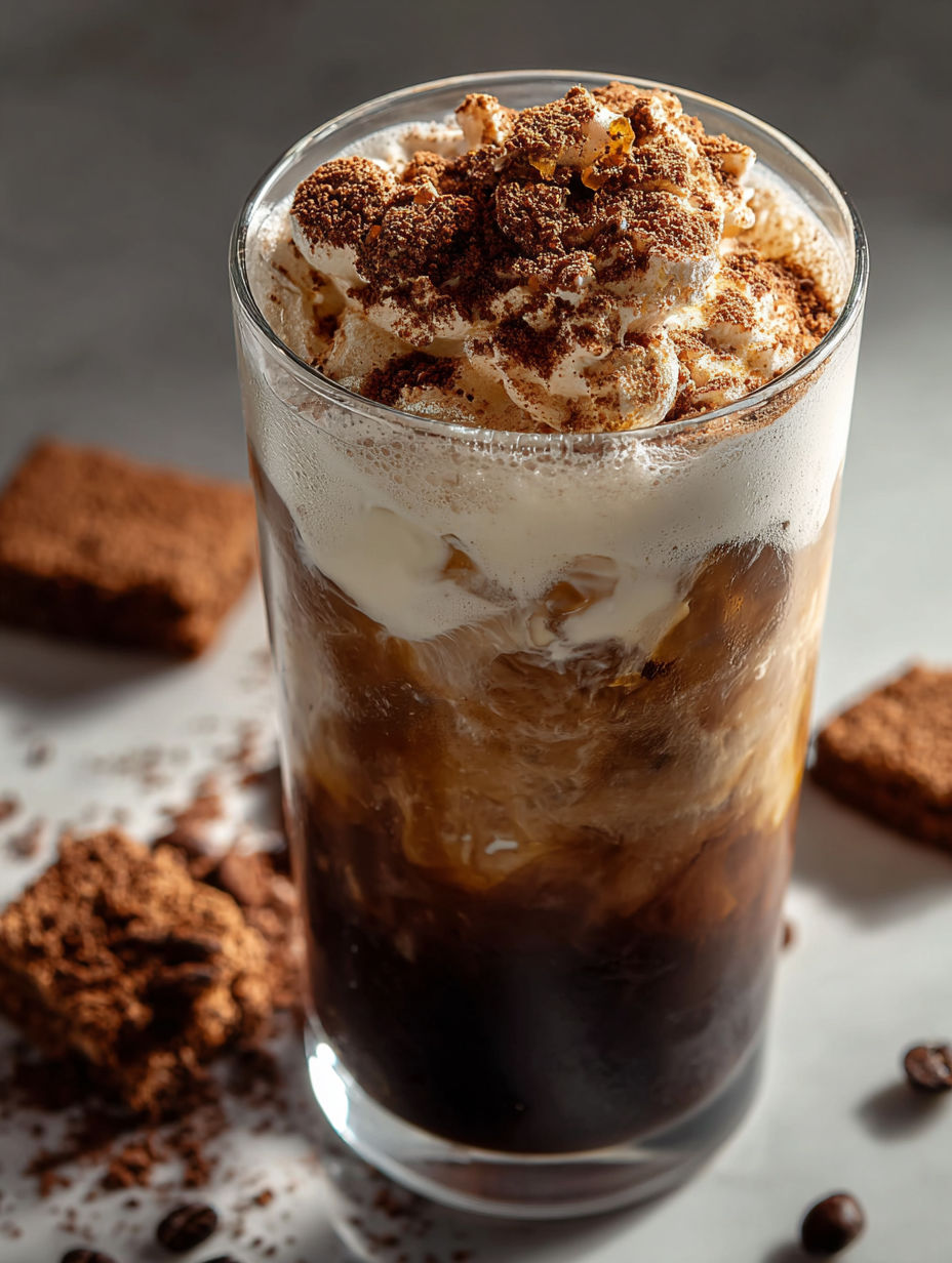 A glass of iced coffee with a piece of chocolate cake on the side.