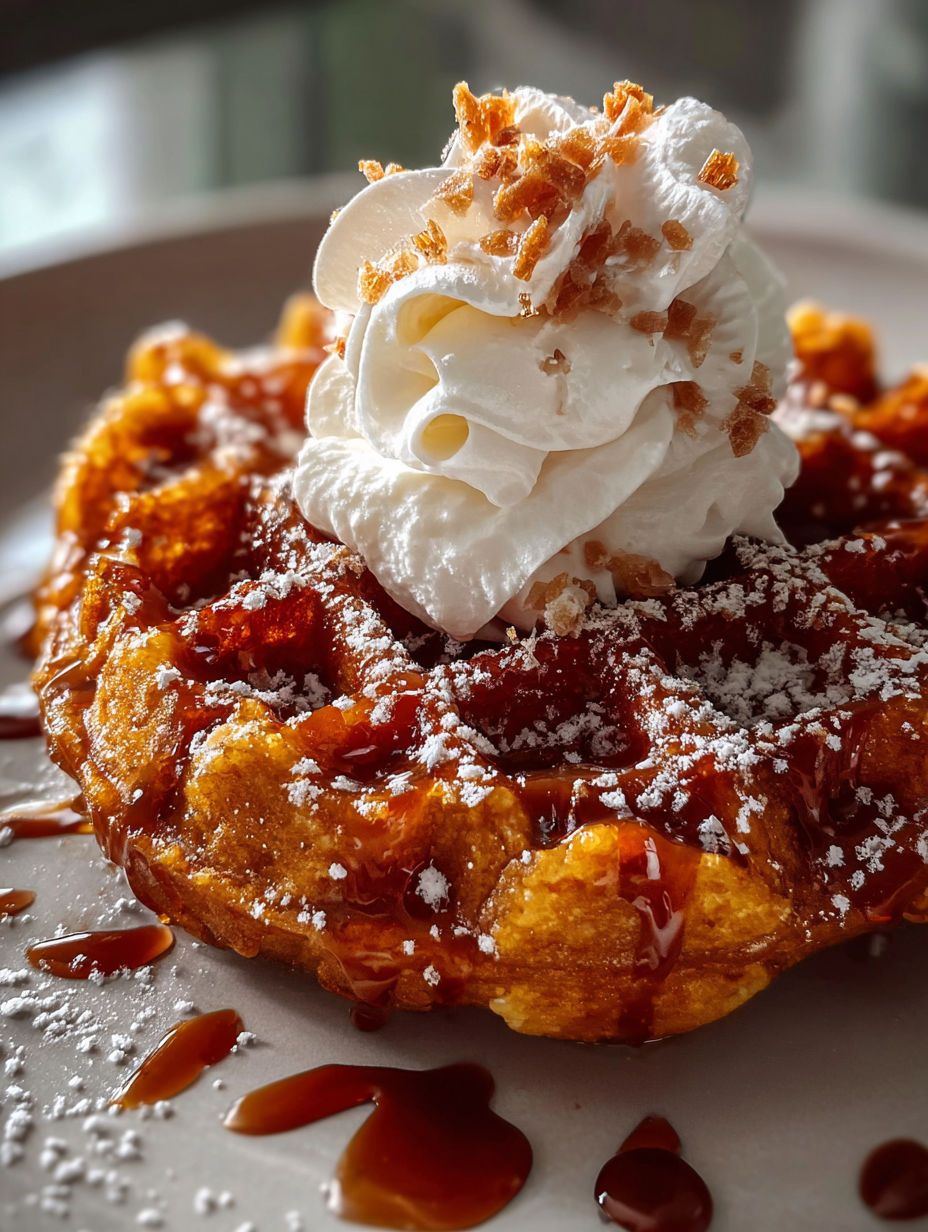 A plate of fluffy gingerbread waffles with a dollop of whipped cream on top.