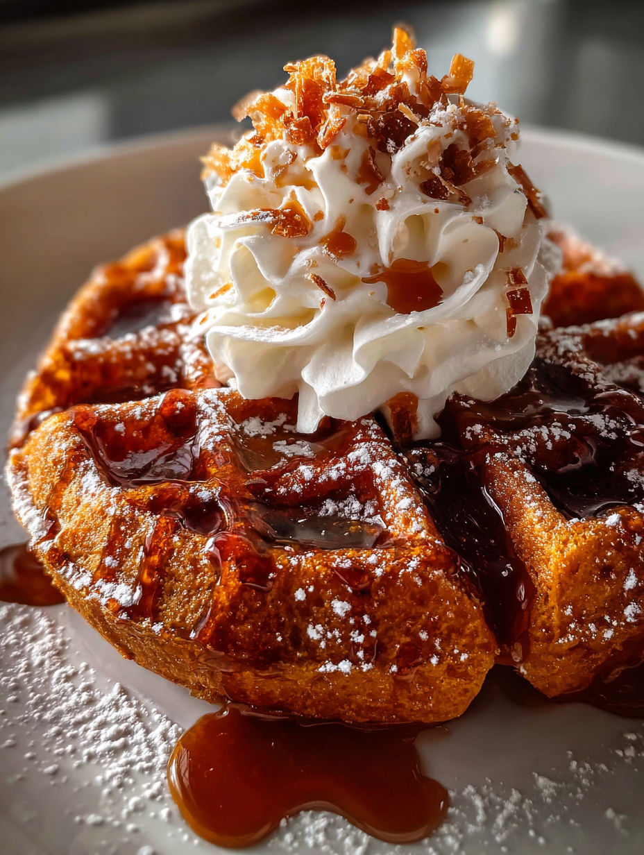 A plate of fluffy gingerbread waffles with whipped cream on top.