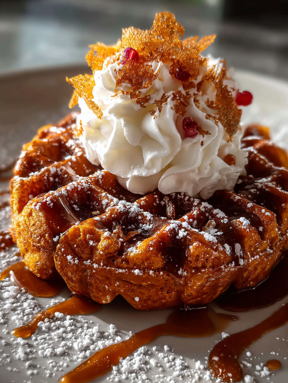 Fluffy gingerbread waffles with whipped cream.