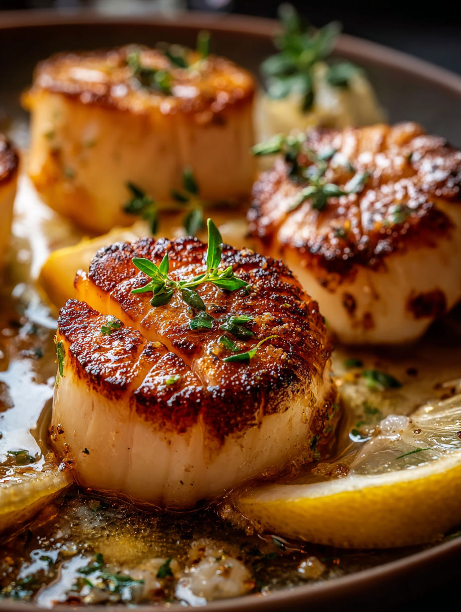 Seared scallops with butter lemon sauce.