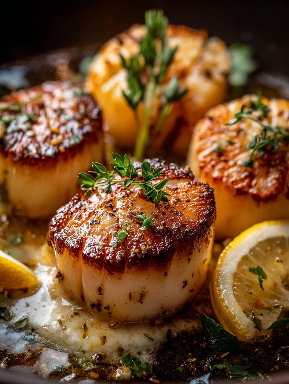 Seared scallops with butter lemon sauce.