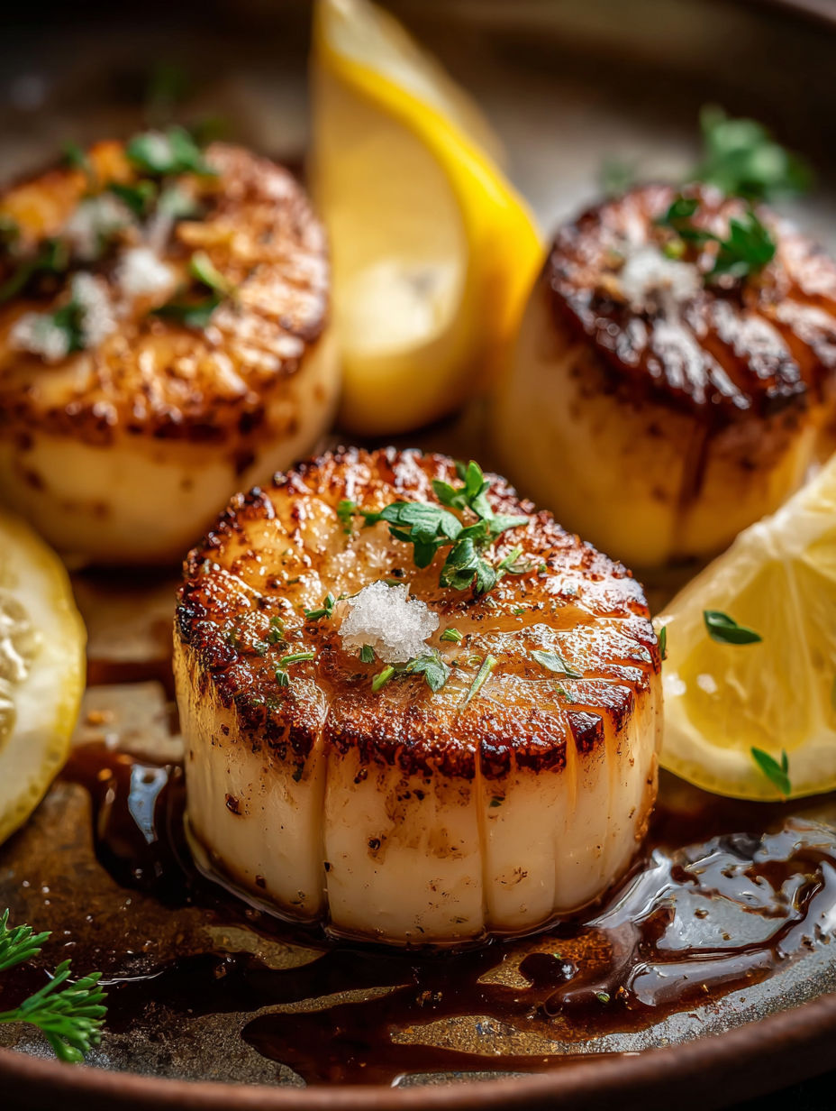 Seared scallops with butter lemon sauce.