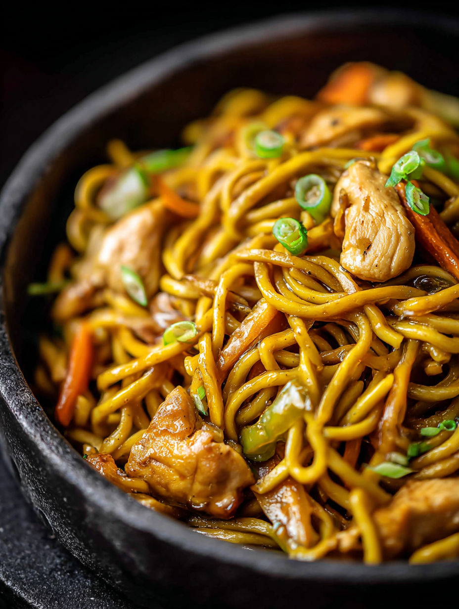 A bowl of lo mein noodles with chicken and vegetables.