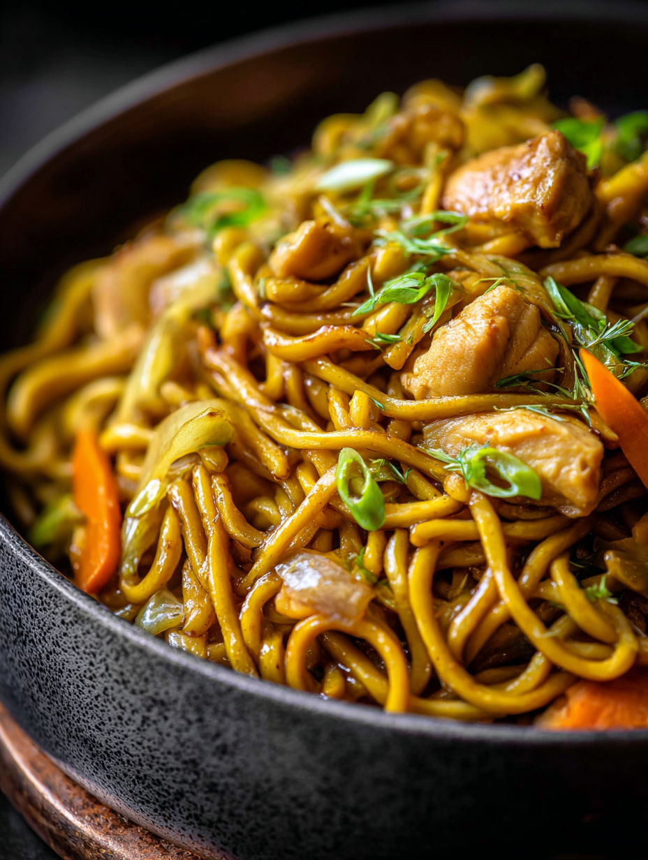 A bowl of lo mein noodles with chicken and vegetables.