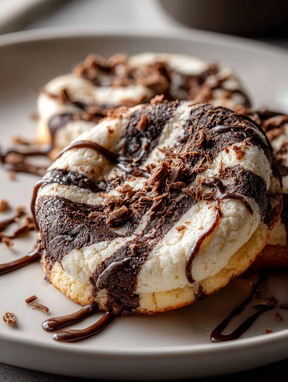 A close up of a chocolate marshmallow swirl cookie.
