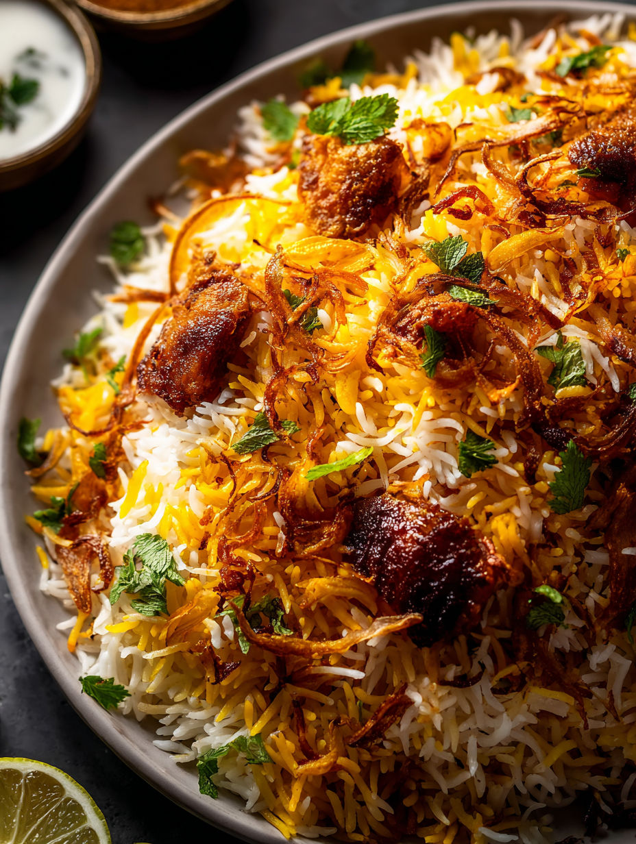 A plate of rice with meat and vegetables.