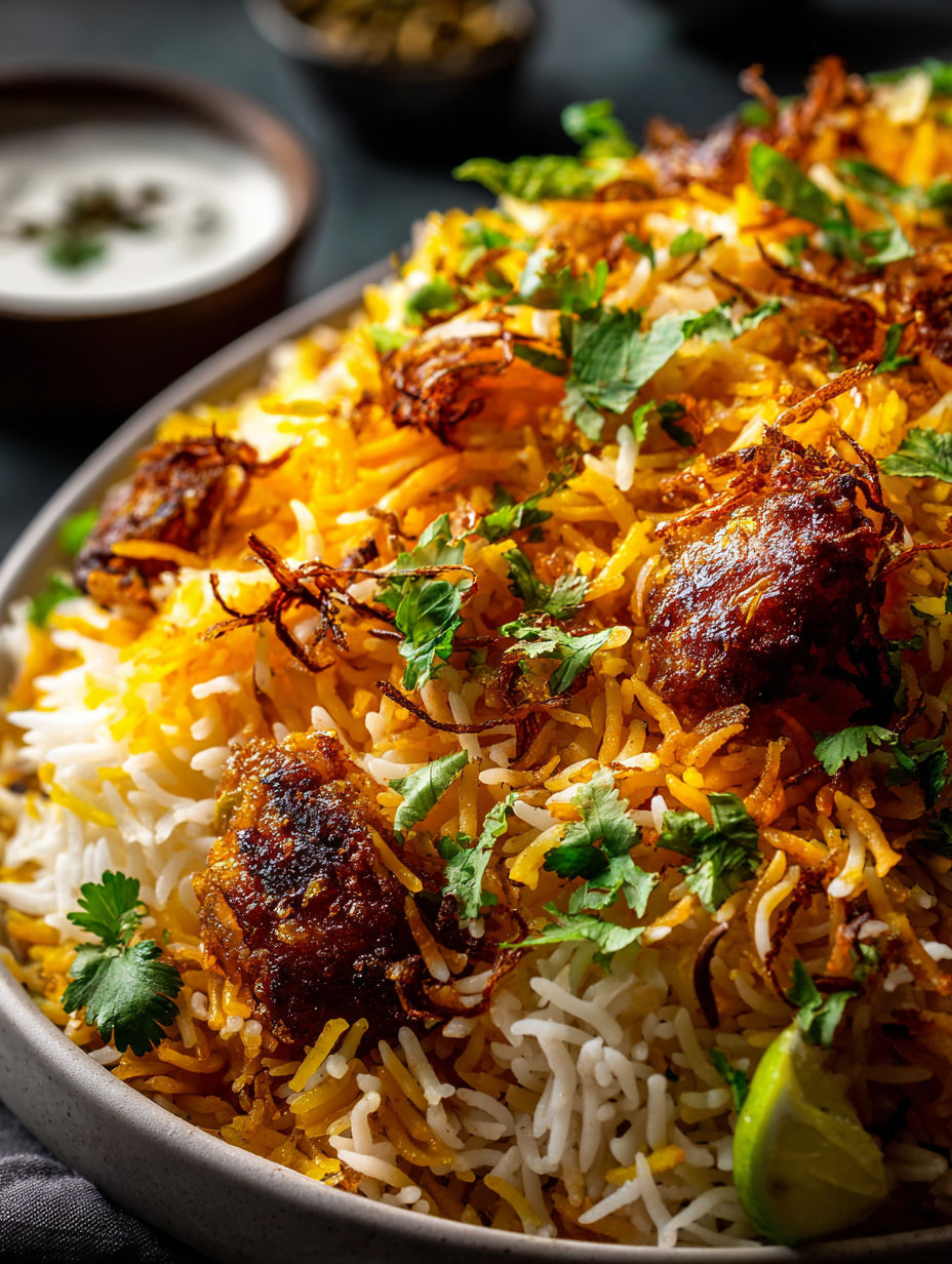 A bowl of rice with meat and vegetables.