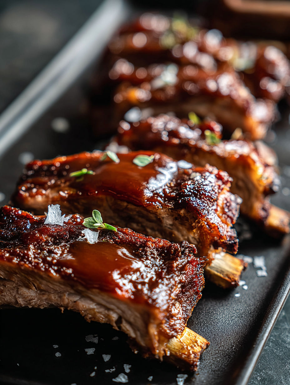 A tray of ribs with sauce on it.