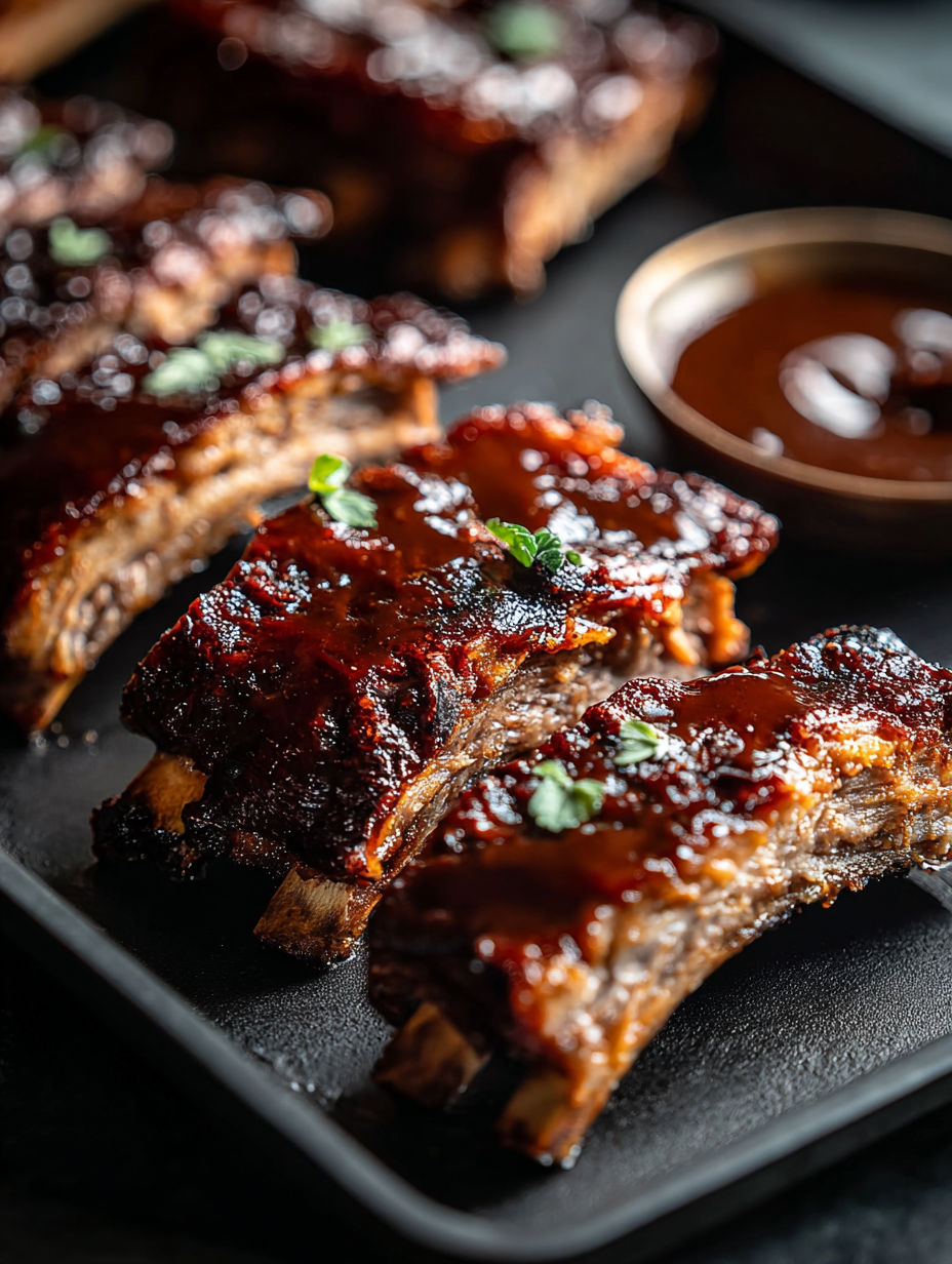 A plate of ribs with a bowl of sauce.