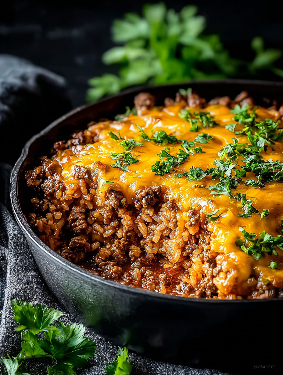 A cheesy hamburger rice casserole in a black pan.